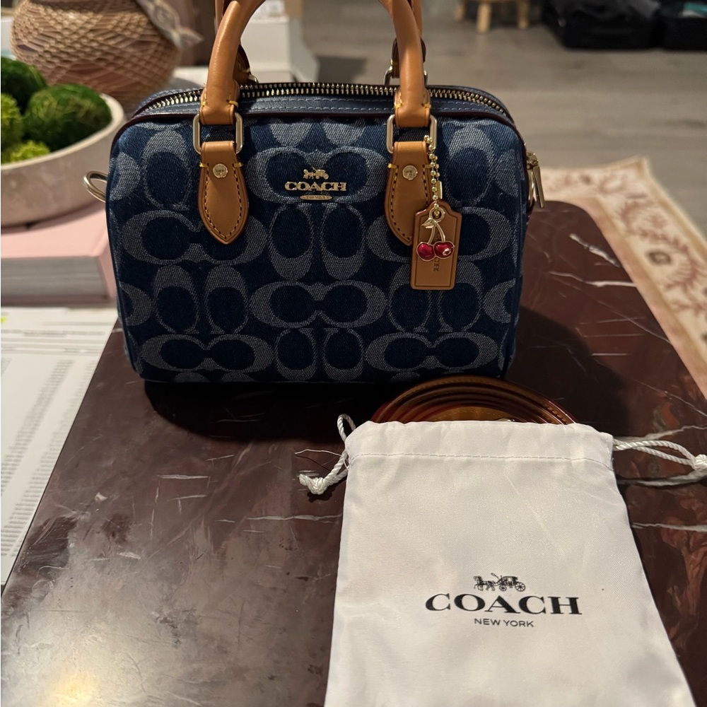 Coach Denim Signature Mini Satchel with Tan Leather Trim and Charm